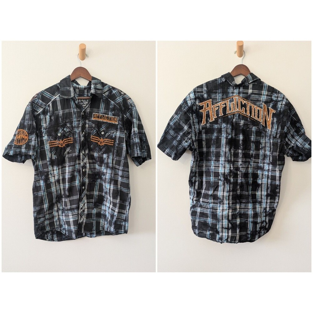 Affliction Black Premium x Buckle Mens Shirt Large Embroidered Plaid